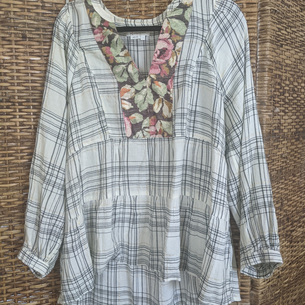 Anthropologie White Plaid Tunic with Floral Embroidered V-Neck